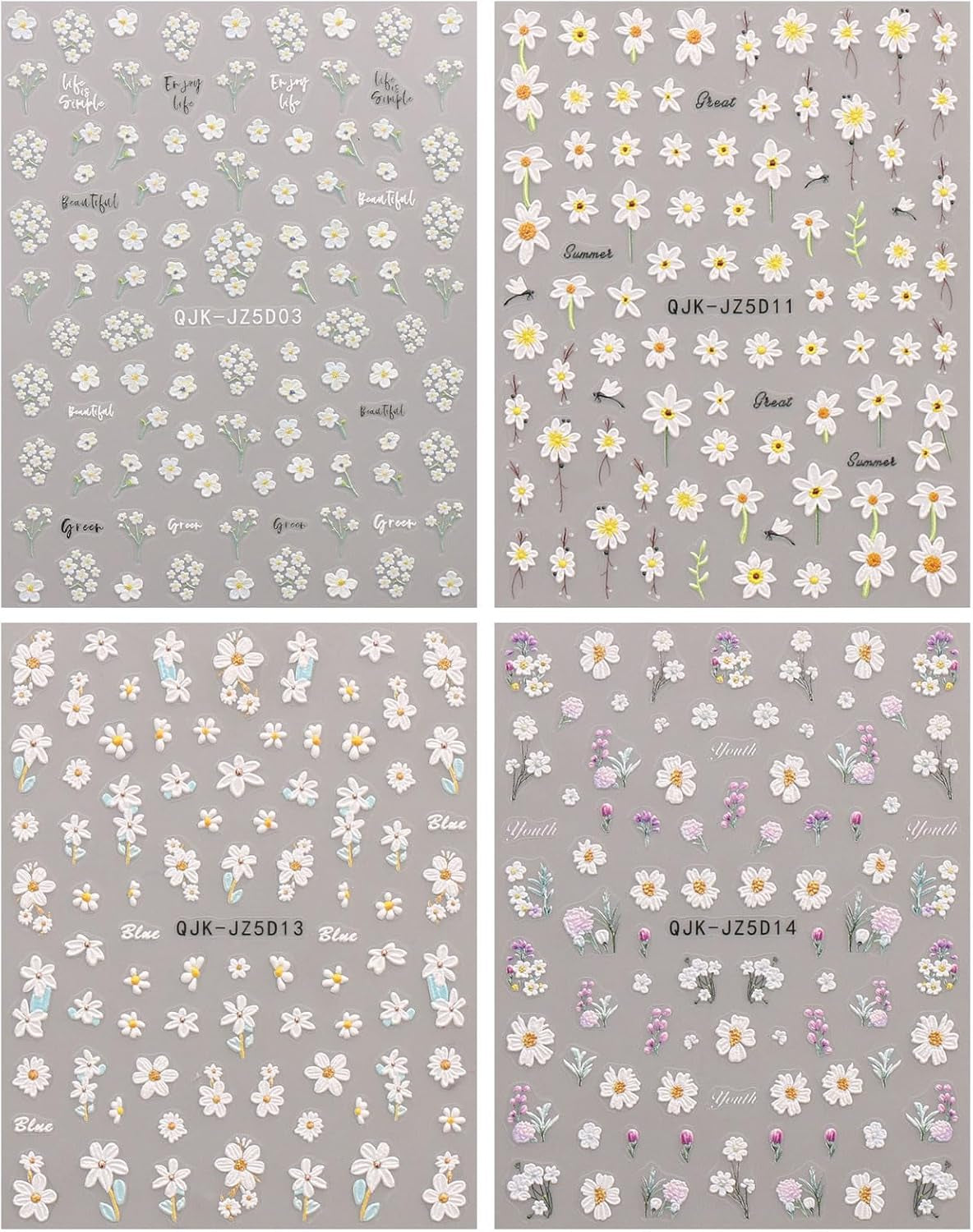JMEOWIO 3D Nálepka na nehty Blumen Nálepka na nehty Selbstklebend Nagelaufkleber 5D Stereoskopické Letní Frühling Blumen Dekoration Nageldesign Zubehör 4 Blatt