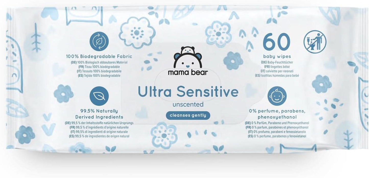 Mama Bear Ultra Sensitive dětské ubrousky Bez vůně 1008 (18 balení po 60) Naty Shop