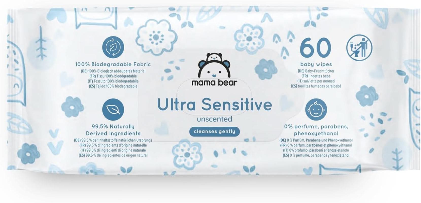 Mama Bear Ultra Sensitive dětské ubrousky Bez vůně 1008 (18 balení po 60) Naty Shop