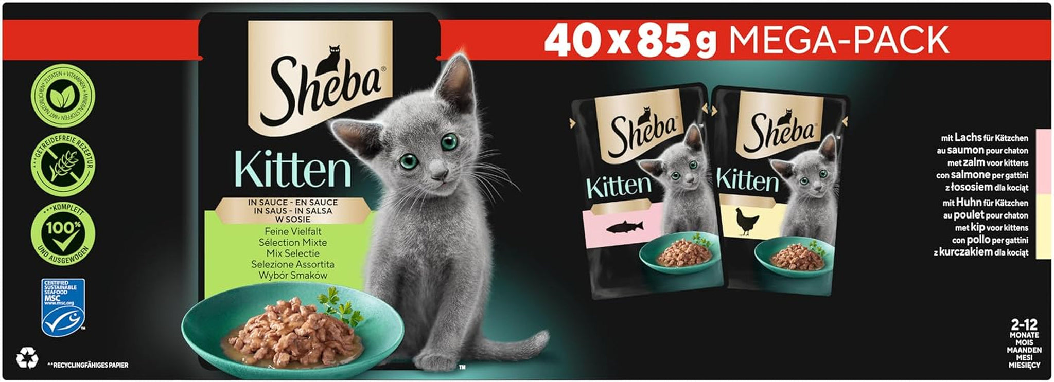 Sheba mokré krmivo pro koťata, v různých sáčcích, s lososem (MSC) a kuřecím masem v omáčce, multipack 40x85g