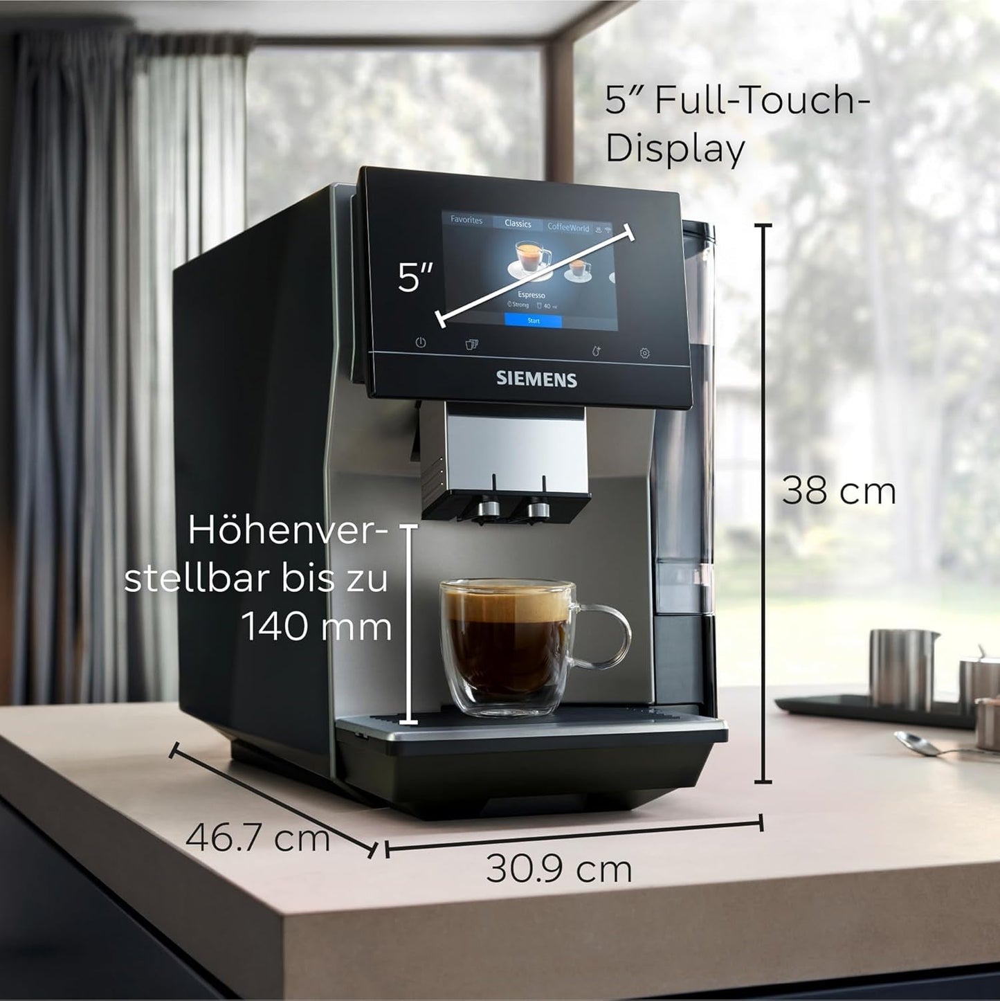 Automatický espresso kávovar Siemens EQ700 classic TP715D01, ovládání aplikací, cold brew, intuitivní dotykový displej, až 10 jednotlivých kreací kávy jako oblíbené, automatické čištění párou, 1500 W, stříbrná šedá