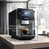 Automatický espresso kávovar Siemens EQ700 classic TP715D01, ovládání aplikací, cold brew, intuitivní dotykový displej, až 10 jednotlivých kreací kávy jako oblíbené, automatické čištění párou, 1500 W, stříbrná šedá