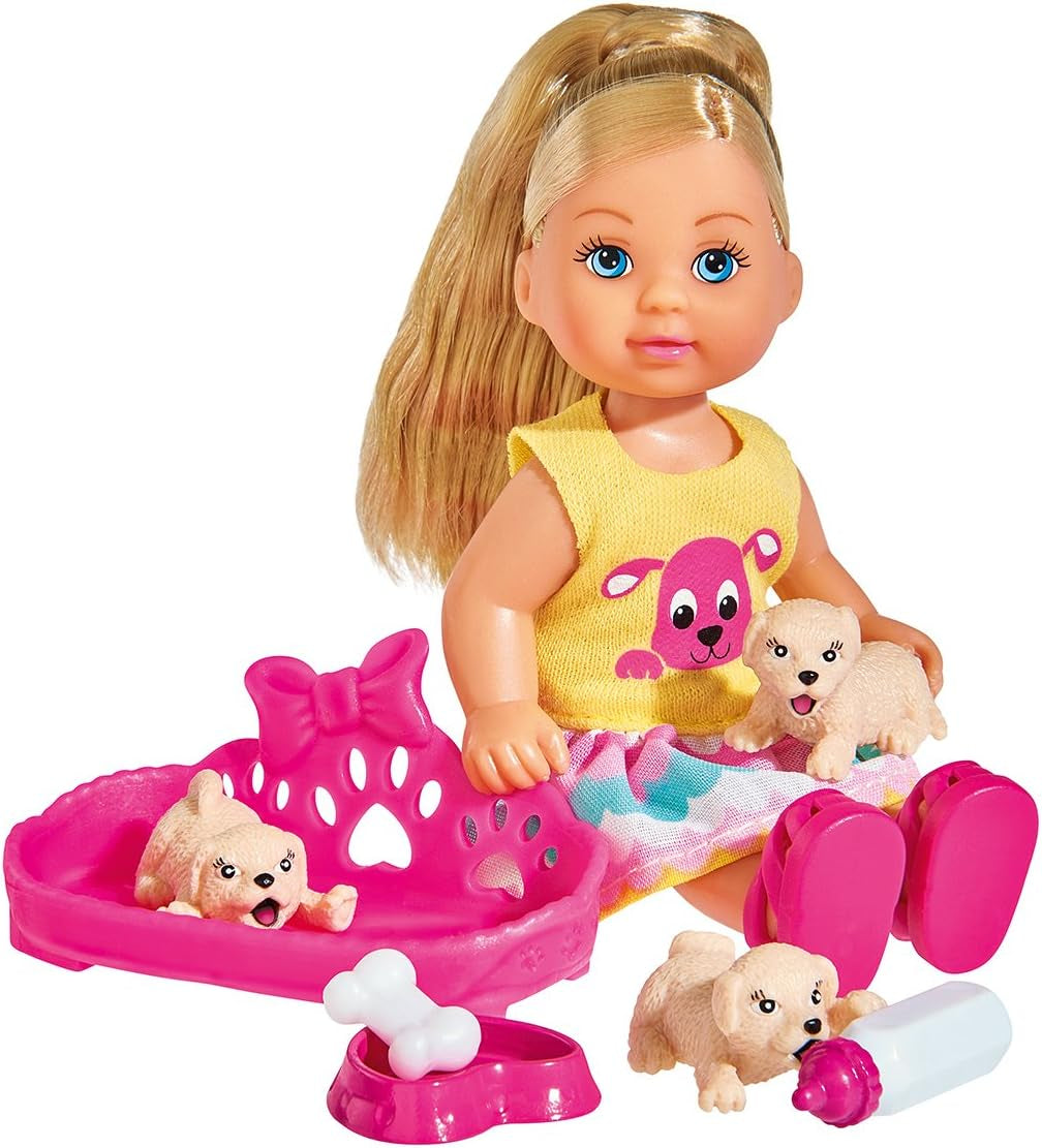 Simba 105733041 - Evi Love Puppy Love se TŘI štěňaty, s boudou pro psa a doplňky, módní panenka, 12 cm, pro děti od 3 let