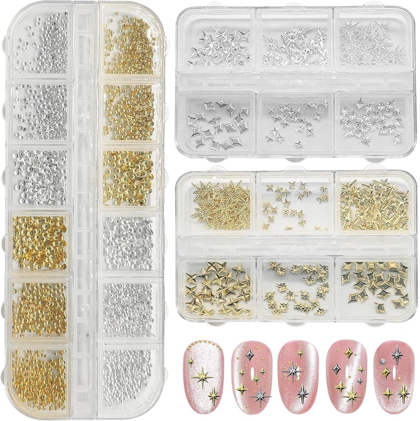 3400 Stück Goldene Und Silberne Sternperlen, Goldene Nagelanhänger, Zubehör Für Nagelschmuck, Schöne Sternnagelanhänger Für Nägel, Nail Art Rhinestones