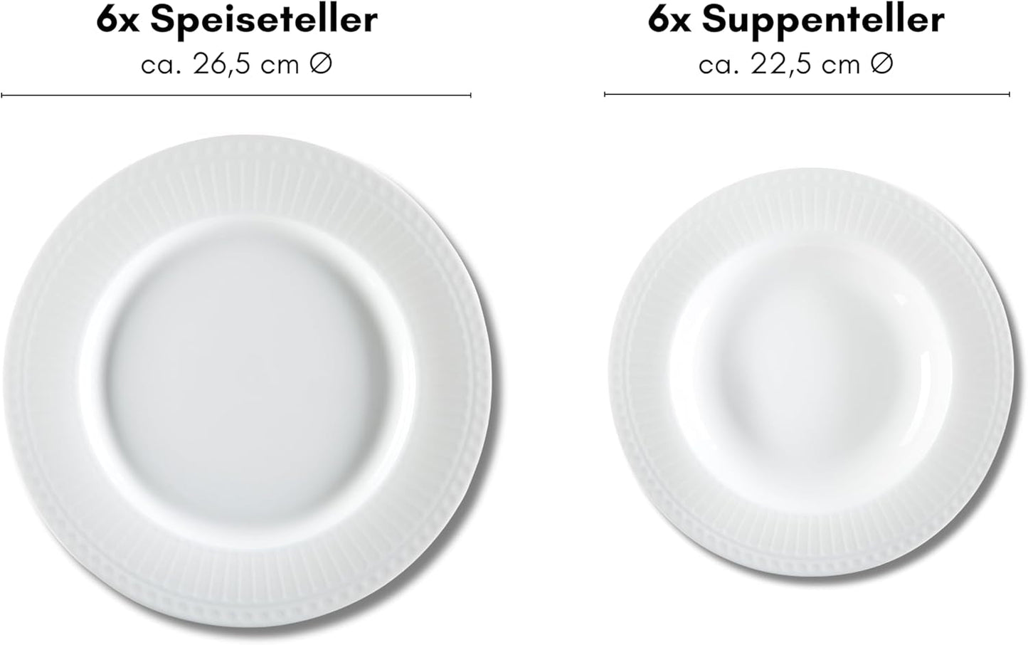 Ritzenhoff & Breker Sofia Tafelservice 12-teilig, Speiseteller (26 cm) a Suppenteller (22 cm) pro 6 osob, Tafel-Set mit feinem Rillenrelief, Fine-Dining-Geschirr, Porzellan, Weiß