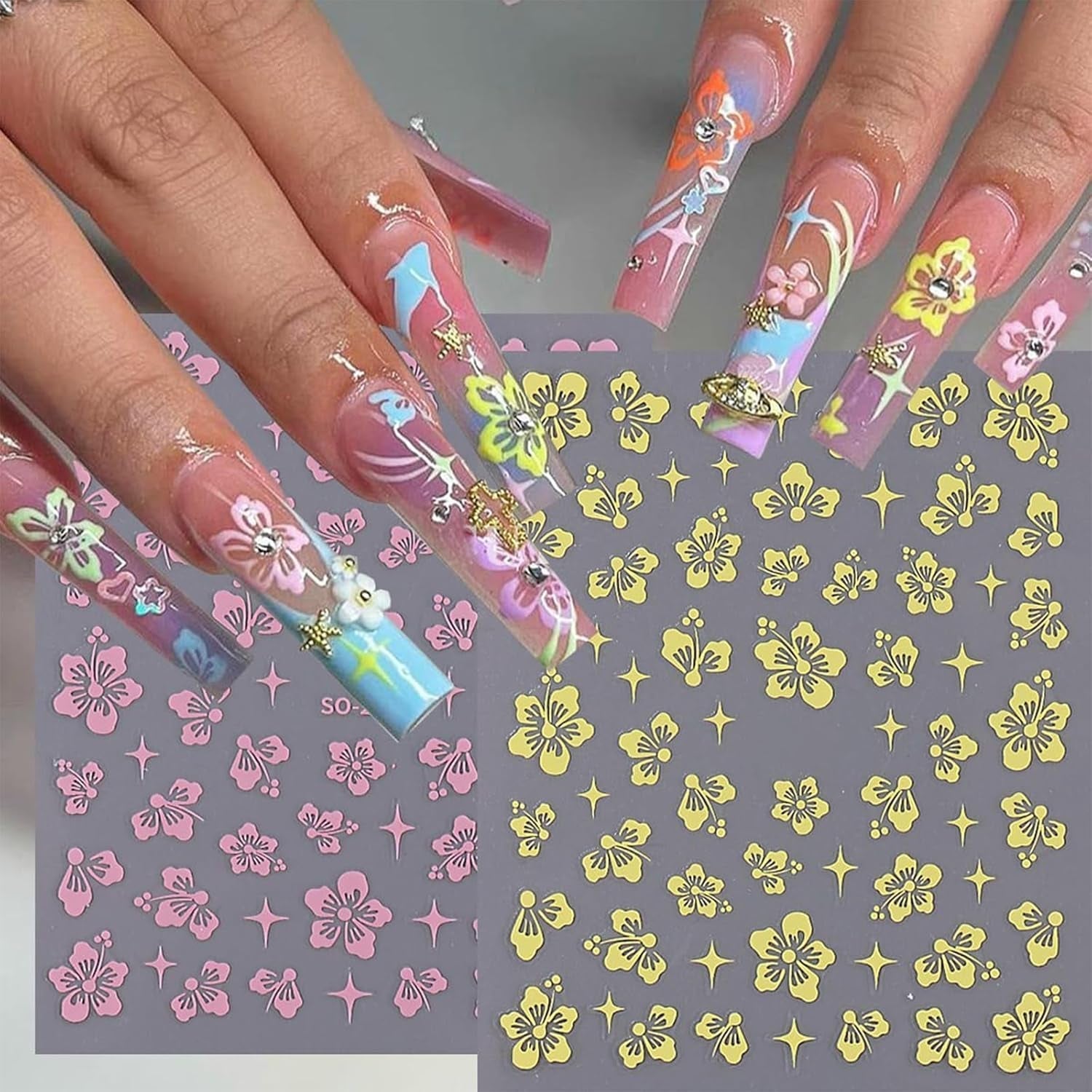 8 Stück Hibiskus Nagel Sticker, 3D Selbstklebende Blumen Nagelaufkleber, Weiß Rosa Gelb Magenta Summer Neonail Sticker, Nail Art Zubehör Nagel Deko Für Frauen