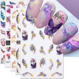6 Blatt 3D Lila Schmetterling Samolepky na nehty Selbtklebend Nagelaufkleber Schmetterlinge Samolepky na nehty Bunte Blühen Marmor Nagel Stickers Regenbogen Welle Linien Nail Art Aufkleber Nageldesign Zubehör