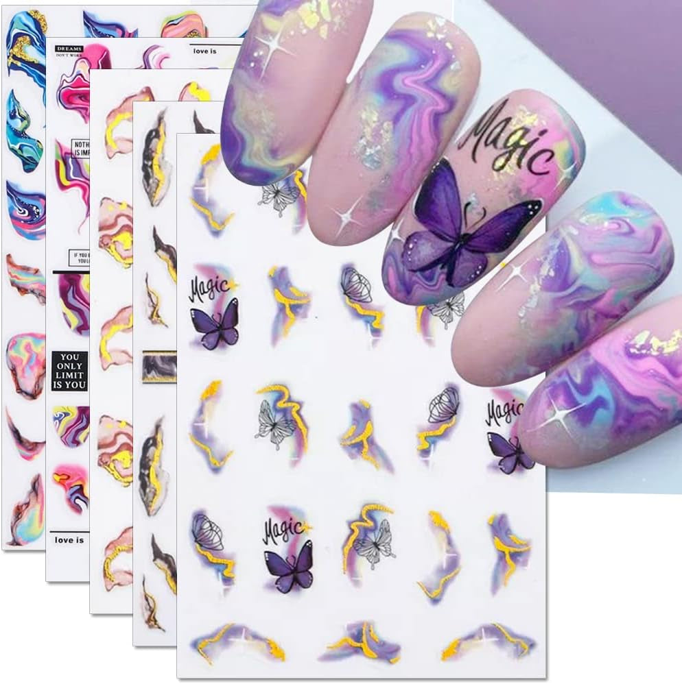 6 Blatt 3D Lila Schmetterling Samolepky na nehty Selbtklebend Nagelaufkleber Schmetterlinge Samolepky na nehty Bunte Blühen Marmor Nagel Stickers Regenbogen Welle Linien Nail Art Aufkleber Nageldesign Zubehör