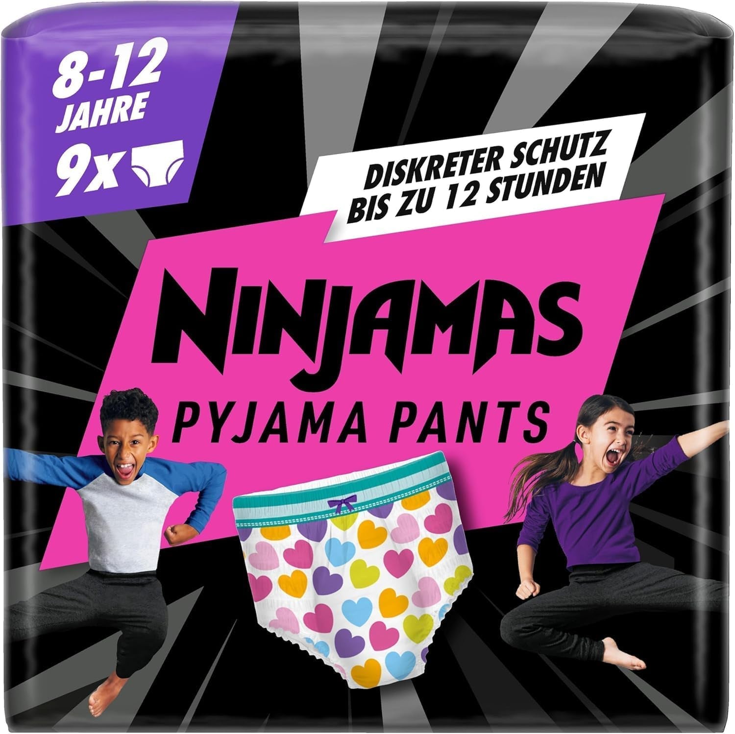 Hearts Pyjama Kalhoty 9 nočních absorpčních spodků 8 let 27 kg-43 kg Celonoční ochrana proti úniku