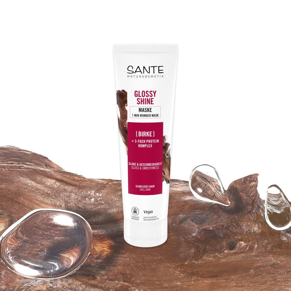 SANTE Naturkosmetik Glossy Shine Mask organický extrakt z březových listů + 3x proteinový komplex, bez silikonů a hydratační maska na vlasy, veganská vlasová péče pro větší lesk a poddajnost, 150 ml Naty Shop Hair Mask