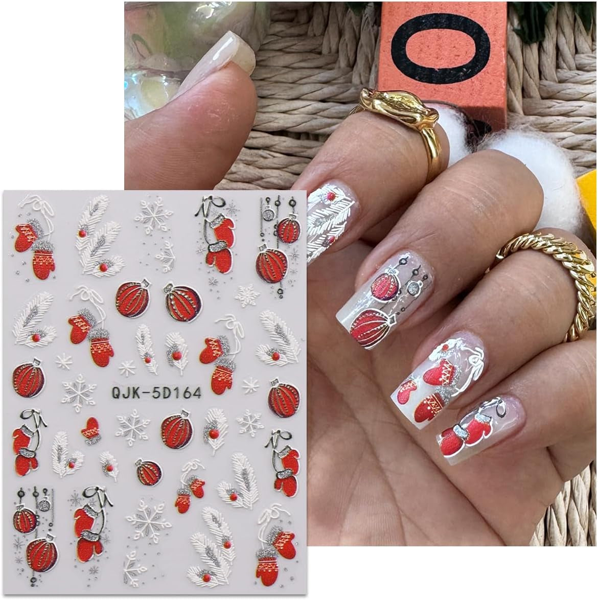 JMEOWIO 3D Nálepka na nehty Weihnachten Glitzer Nail Art Nálepka Selbstklebend Nagelaufkleber 5D Stereoskopické Schneeflocke Winterurlaub Süß Dekoration Nageldesign Zubehör 4 Blatt