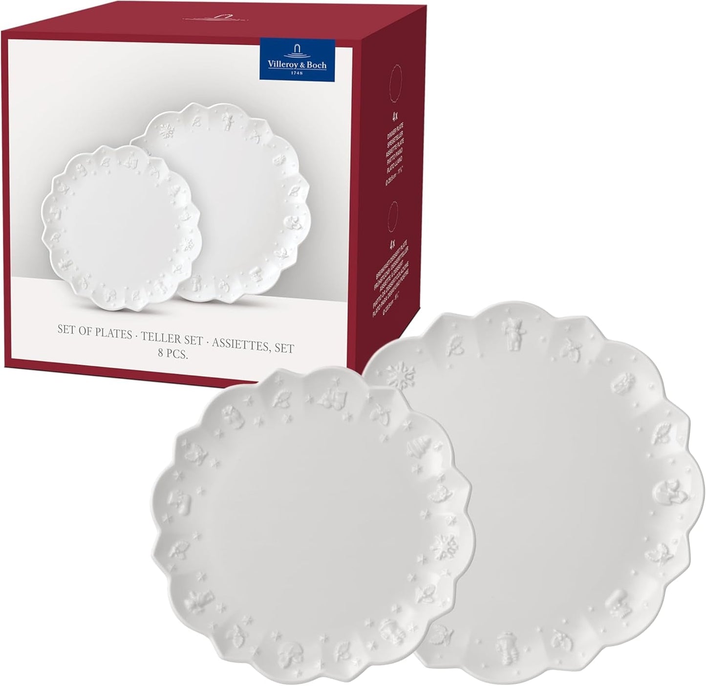 Villeroy & Boch Toy's Delight Royal Classic 8dílná sada nádobí, vhodné do myčky a mikrovlnné trouby, bílé, talíře, sada nádobí pro 4 osoby, vánoční nádobí, hračky, prémiový porcelán