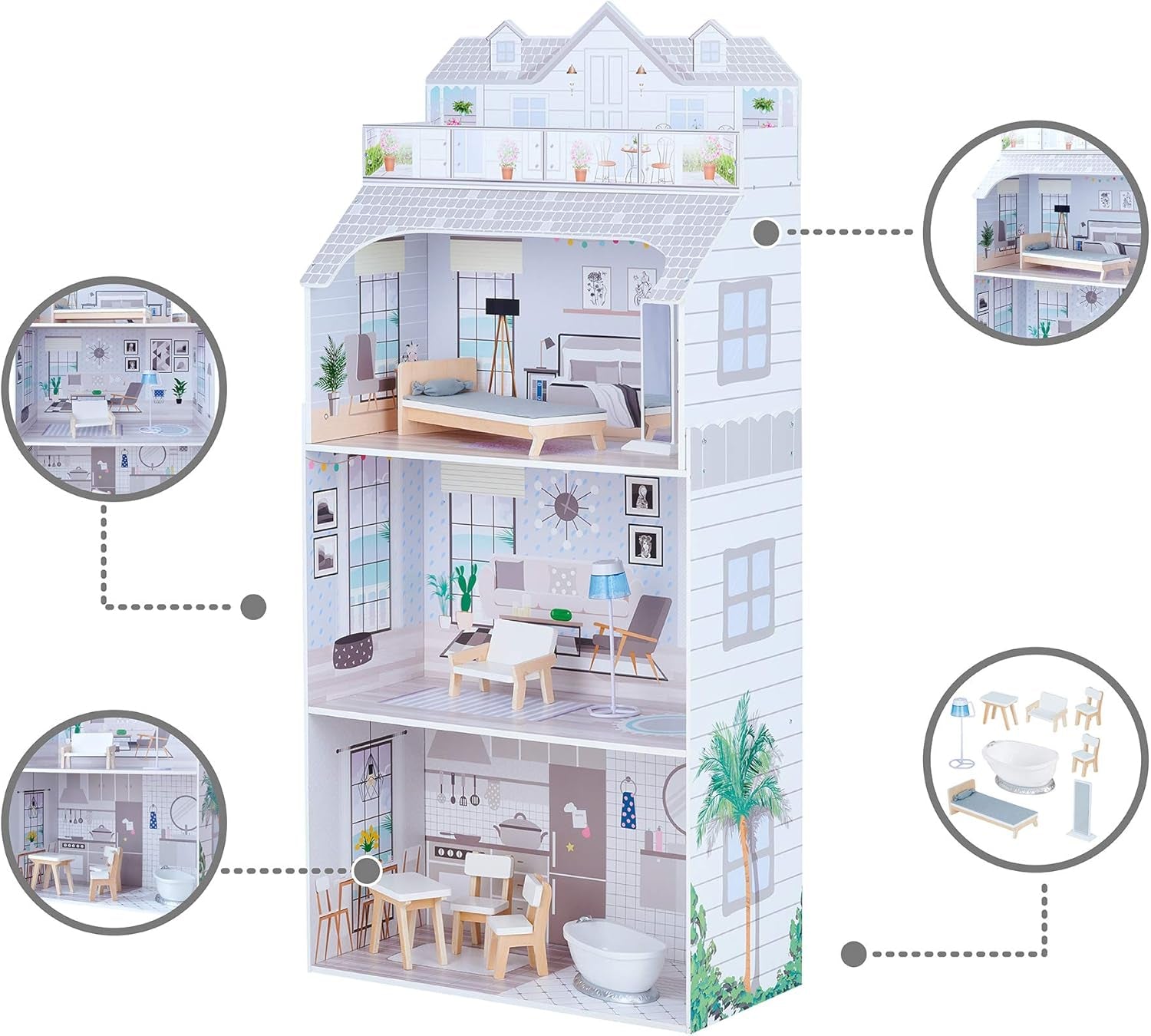 Obří domeček pro panenky Teamson Kids Olivia's Little World s nábytkem a doplňky, dřevěný domeček pro panenky, 3patrová herní sada pro panenky 30 cm, věk 3+