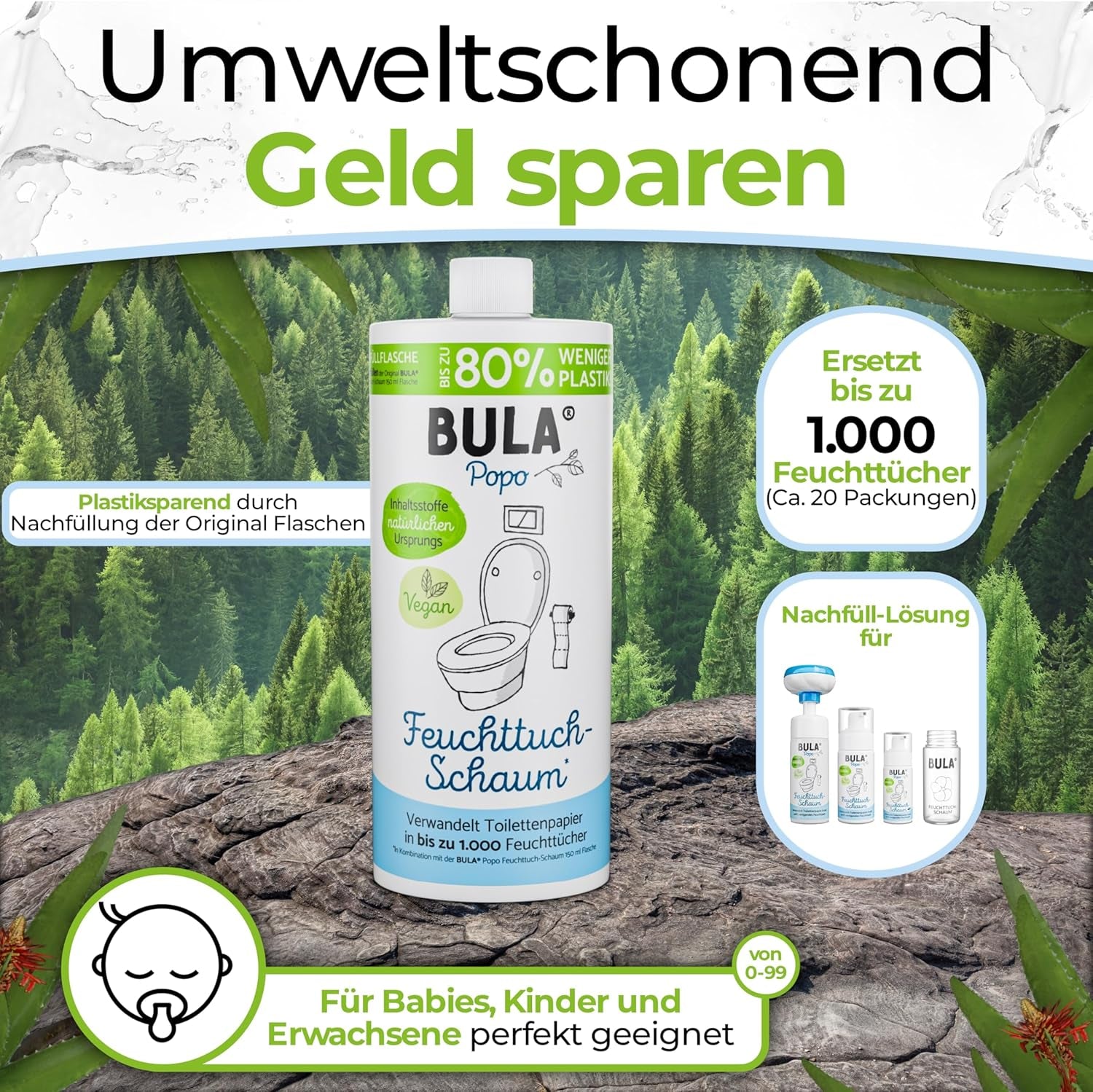 BULA® Popo Refill Bottle (750ml) STAČÍ DOPLNIT naše 150ml a 50ml lahvičky! | Nahradí až 1000 ubrousků! | S přísadami přírodního původu