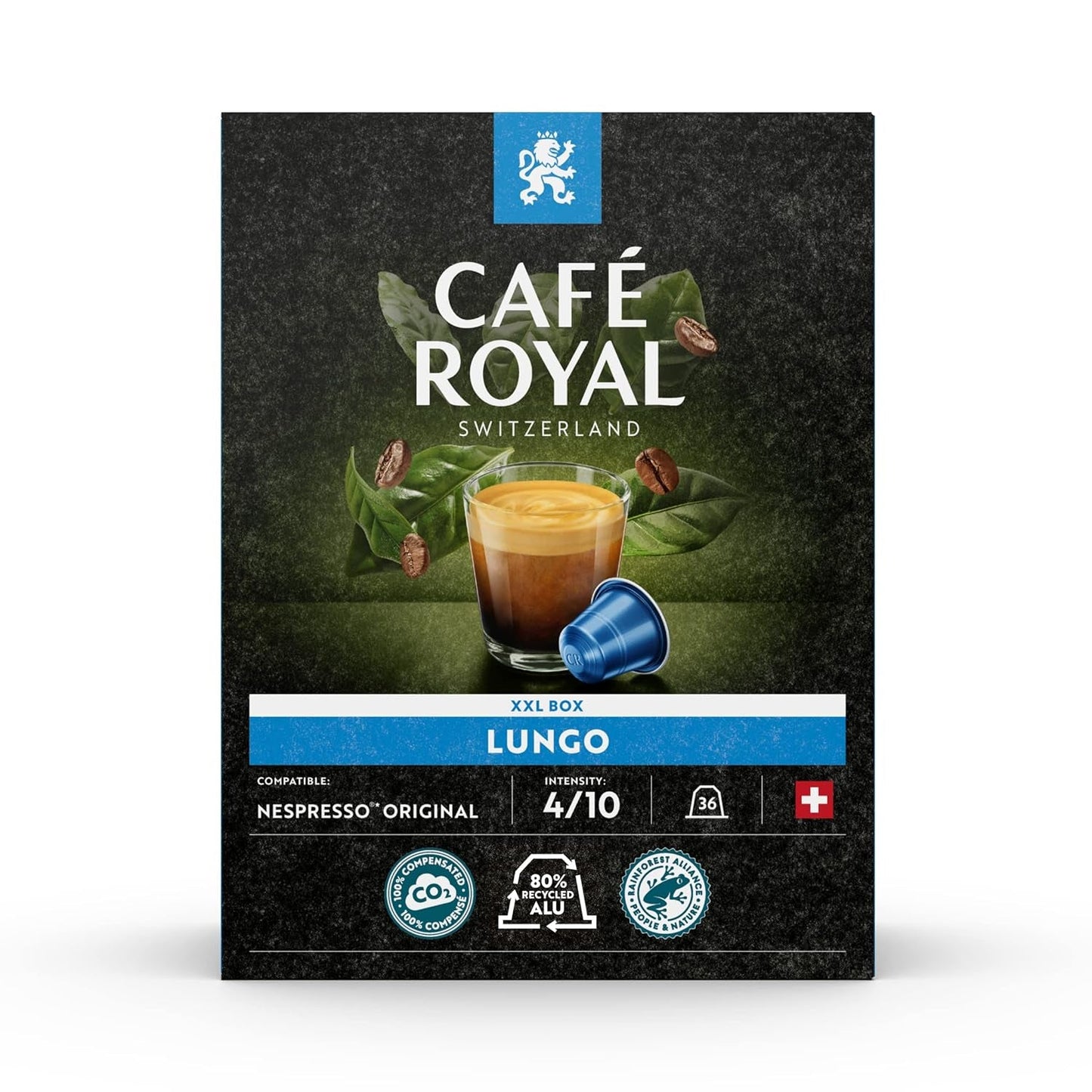 Café Royal s příchutí hořké čokolády 100 kapes pro Nespresso kávovar na kávu - 4/10 Intenzita - UTZ-zertifiziert, aus Aluminium & Lungo 36 Kapseln für Nespresso Kaffee Maschine - 4/10 Intenzita