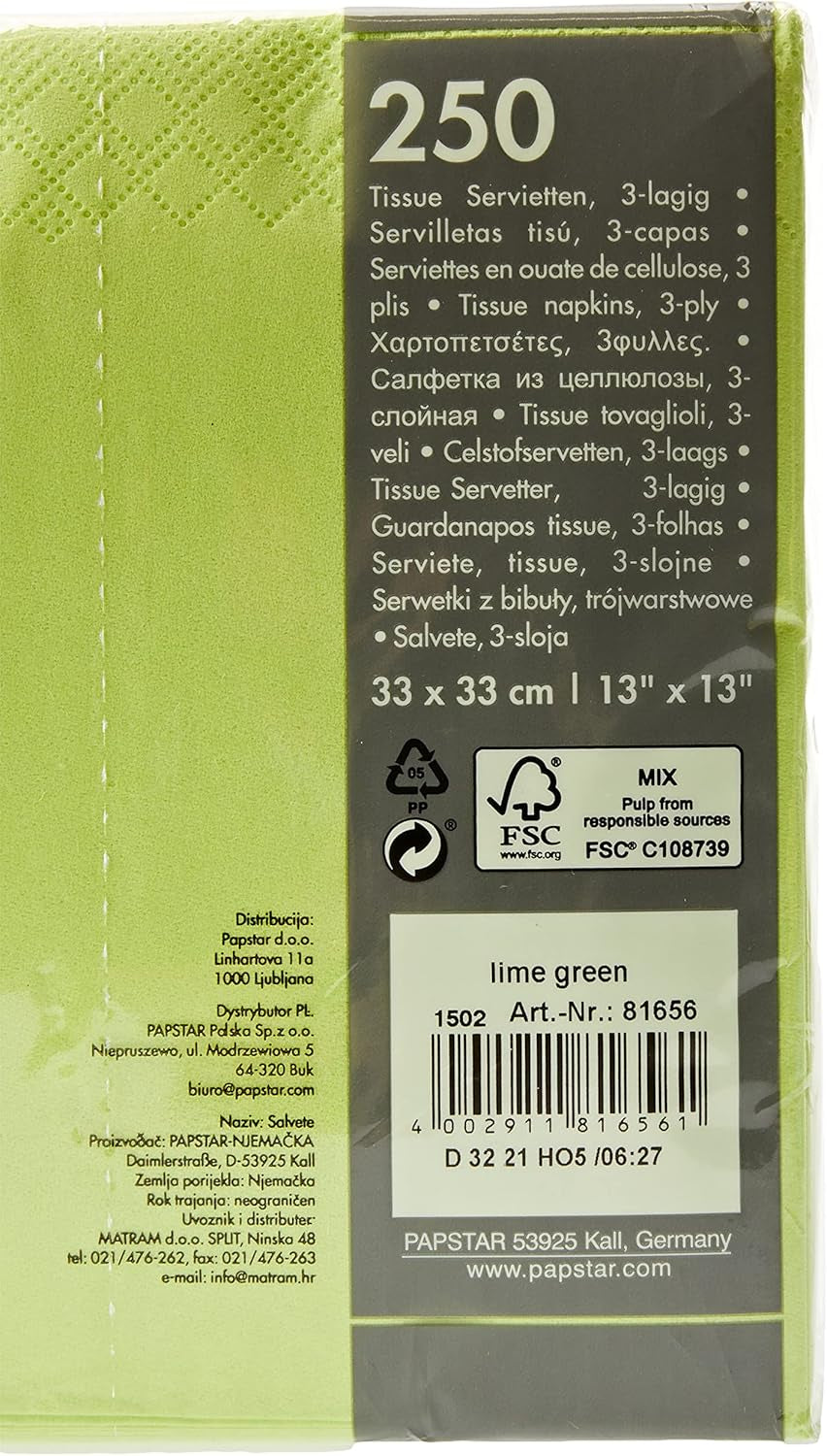250 ubrousků, 3-vrstvé 1/4-skládání 33 cm x 33 cm jablkově zelené (balení 2 ks)