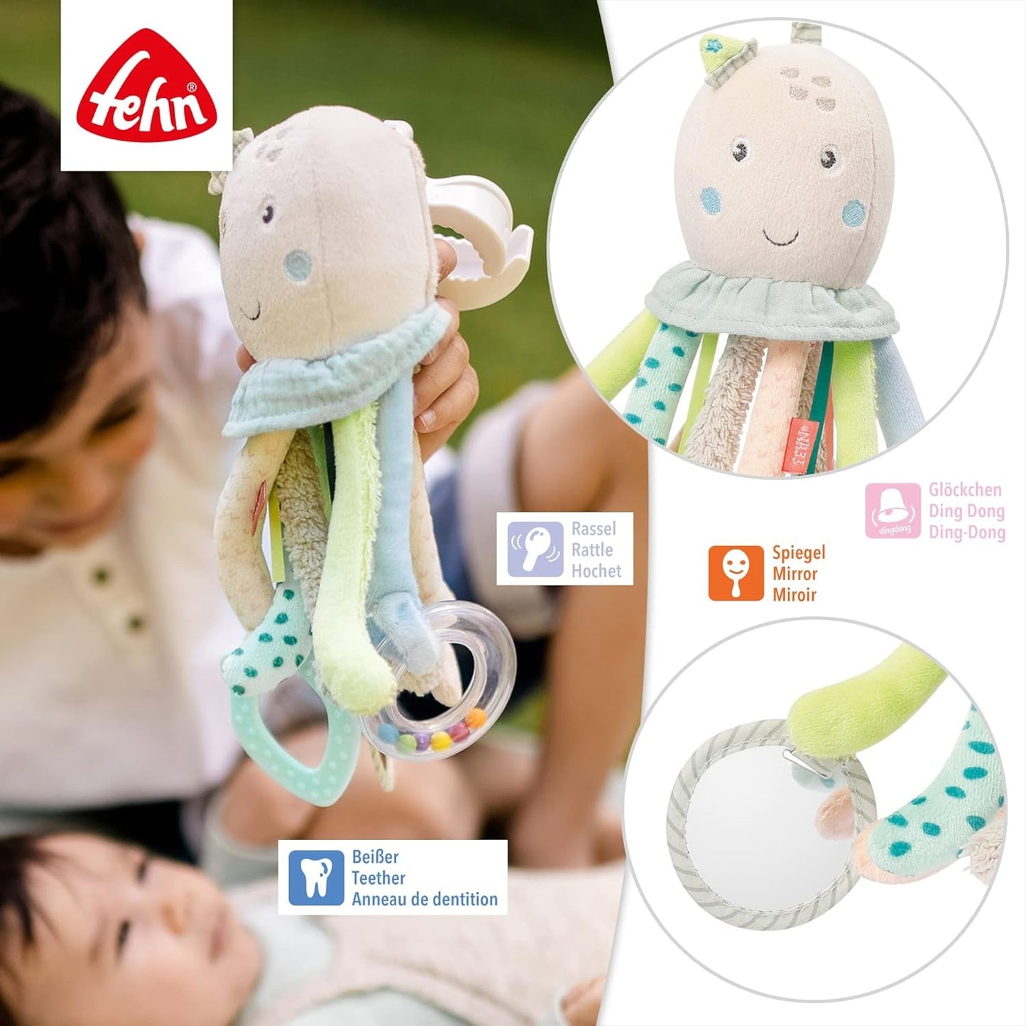Fehn Chobotnice Activity Toy - Hračka motorických dovedností pro miminka do kočárku a Bright Starts, Oball, Chrastítko s míčky na chůzi, Interaktivní hračka Bebe Toys Naty Shop