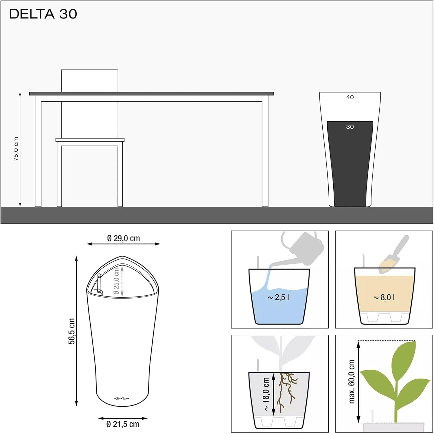 LECHUZA DELTA Premium 30 lesklá bílá 15500