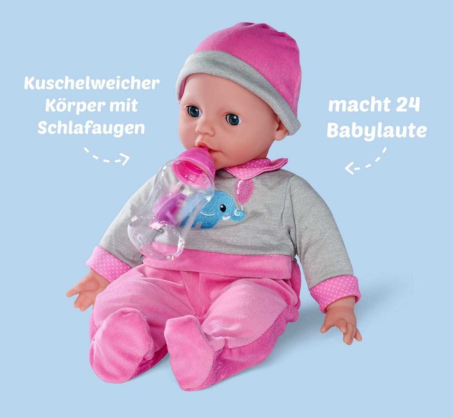 Simba 105140066 - Laura Interaktivní, panenka měkkého těla s ospalýma očima, brblá při pohybu, pije z lahvičky a spí, 40cm, panenka od 2 let Naty Shop Dolls