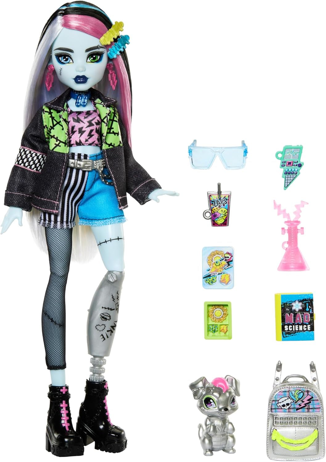 Panenka Monster High Frankie Stein v džínové bundě a šortkách, obsahuje také její štěně Watzie a doplňky, jako je batoh, svačina a notebook, HXH73