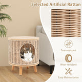 Katzenhaus Rattan, Katzenmöbel mit Holzbeinen & soft Kissen, 3v1 Katzenhöhle Fußhocker Nachttisch, Katzenbett stabil bis 30 kg für Wohnzimmer Schlafzimmer