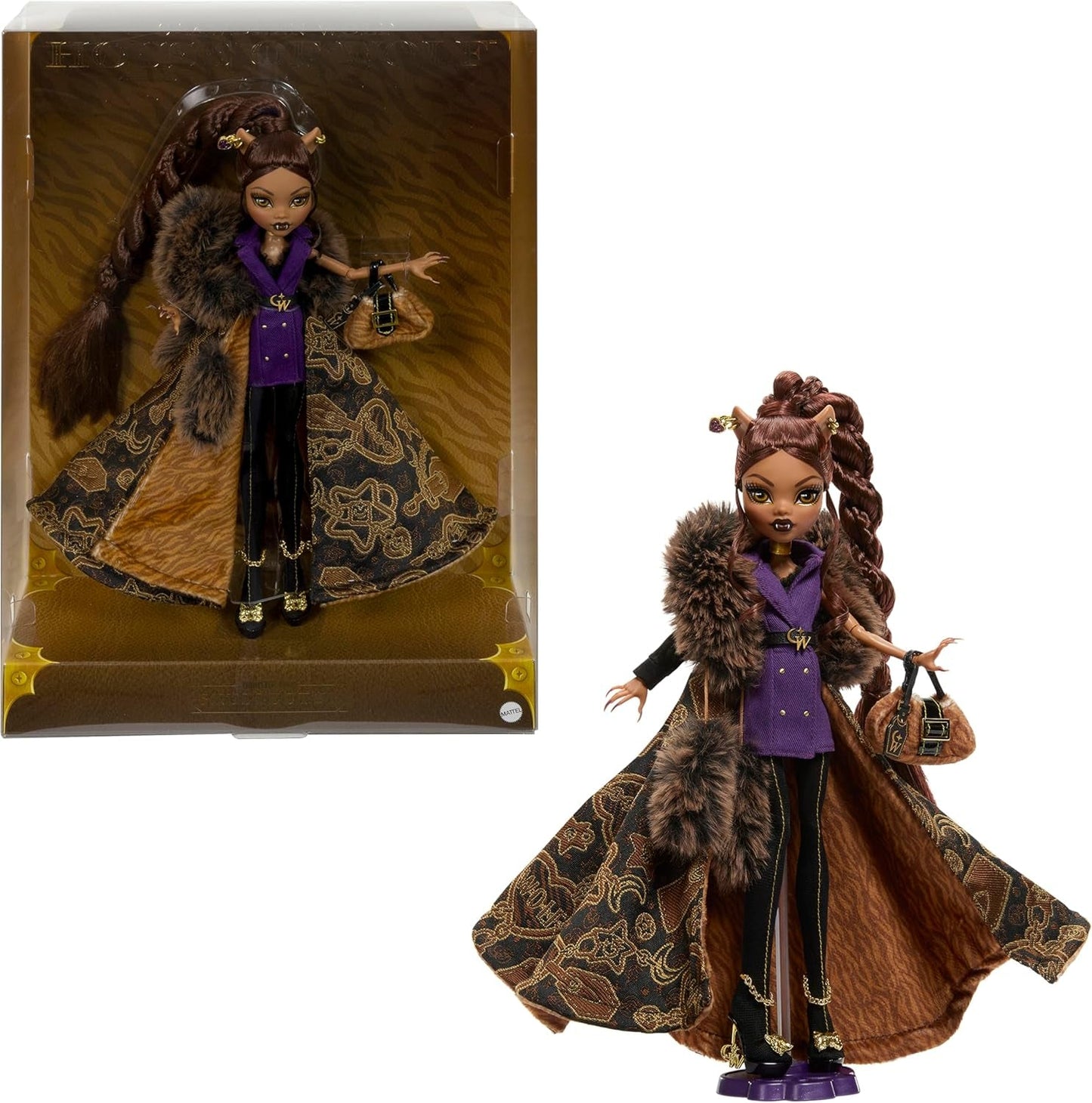 Panenka Monster High Dům vlků Clawdeen Wolf Sběratelská figurka s umělou kožešinou Žakárový kabát Purpurová bunda Šaty Zlaté Kalhoty a doplňky JDR66