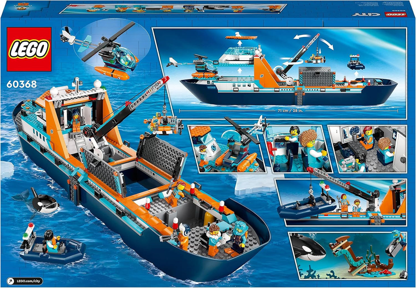 Arktická výzkumná loď LEGO City, velký plovoucí člun s helikoptérou, nafukovací člun, ponorka Rov, vrak vikinga, 7 minifigurek a figurka orky, dárek pro děti starší 7 let 60368 Stavebnice Besuche den LEGO-Store