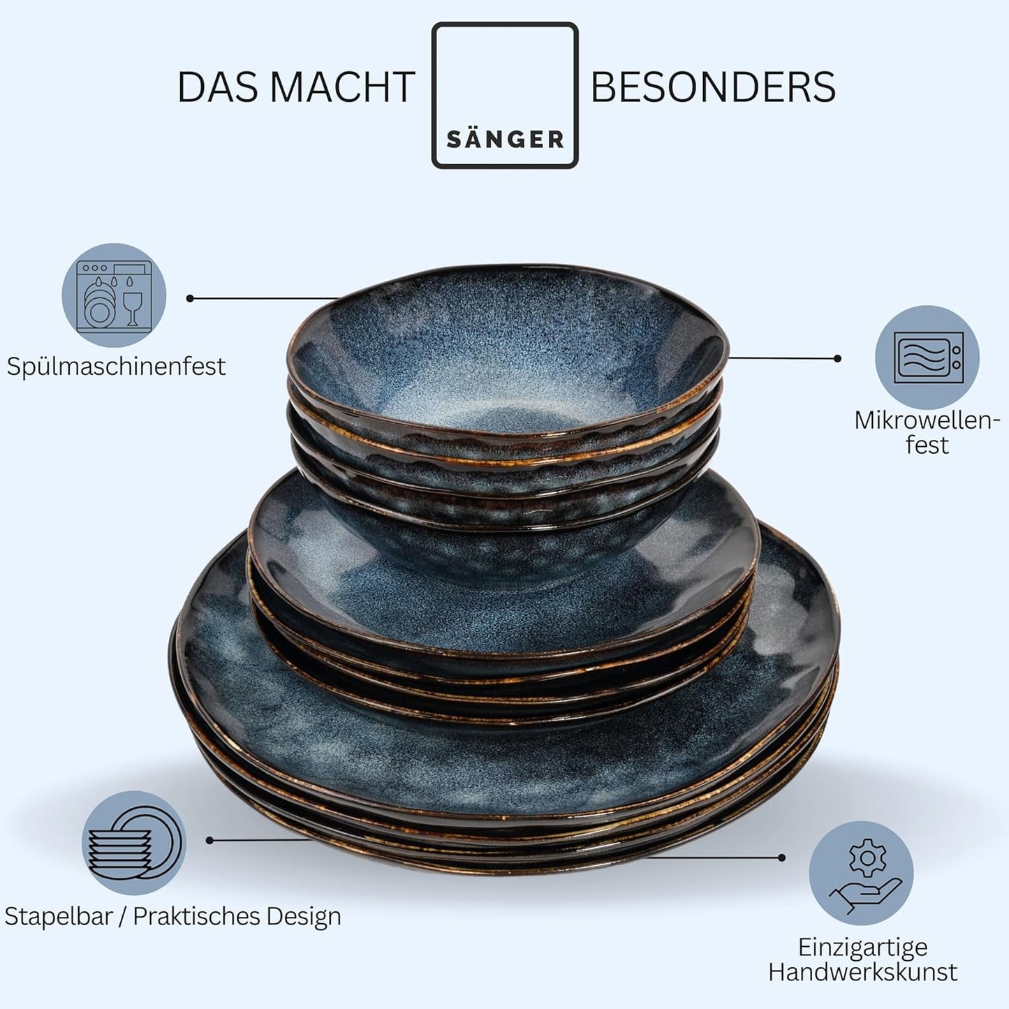 Sänger | Tokyo 36dílná sada porcelánového nádobí Sada porcelánového nádobí pro 12 osob Moderní ručně vyráběné tmavě modré nádobí s černými akcenty | PRÉMIOVÁ KOLEKCE