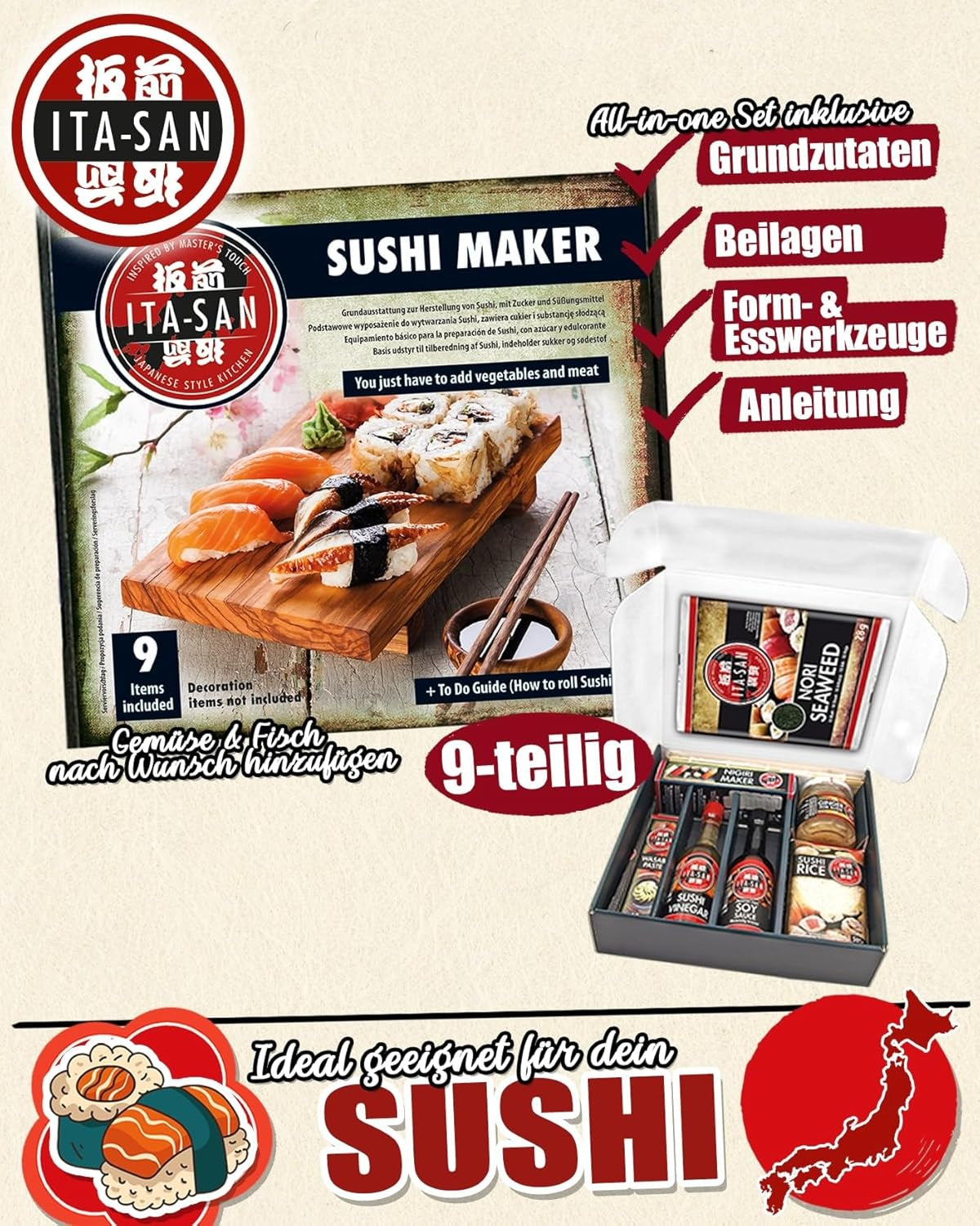 ITA-SAN Sushi Set (9dílná kompletní sada, ideální pro začátečníky, na zkoušku nebo jako dárek) 1 bal