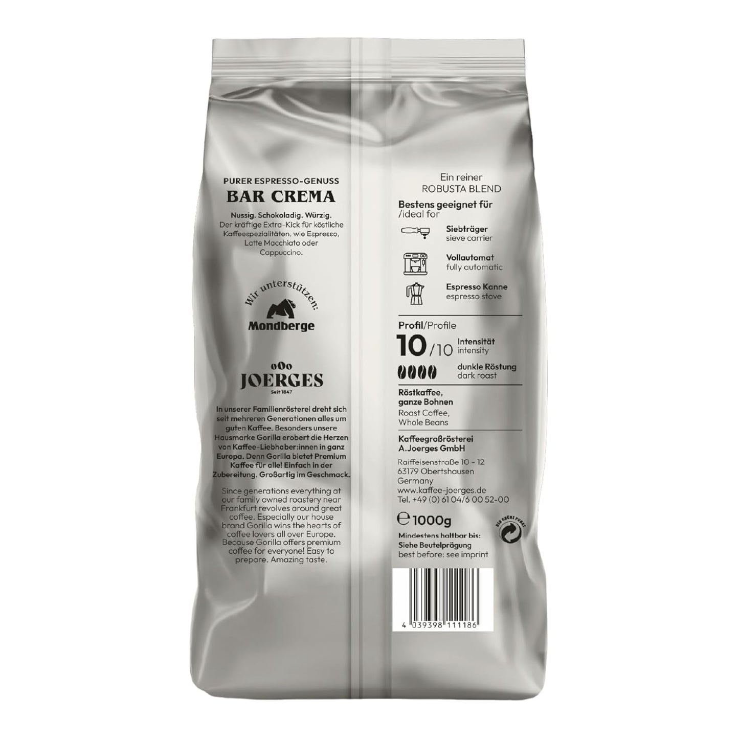 Zrnková káva Gorilla Espresso Bar Crema - 12 balení po 1000g