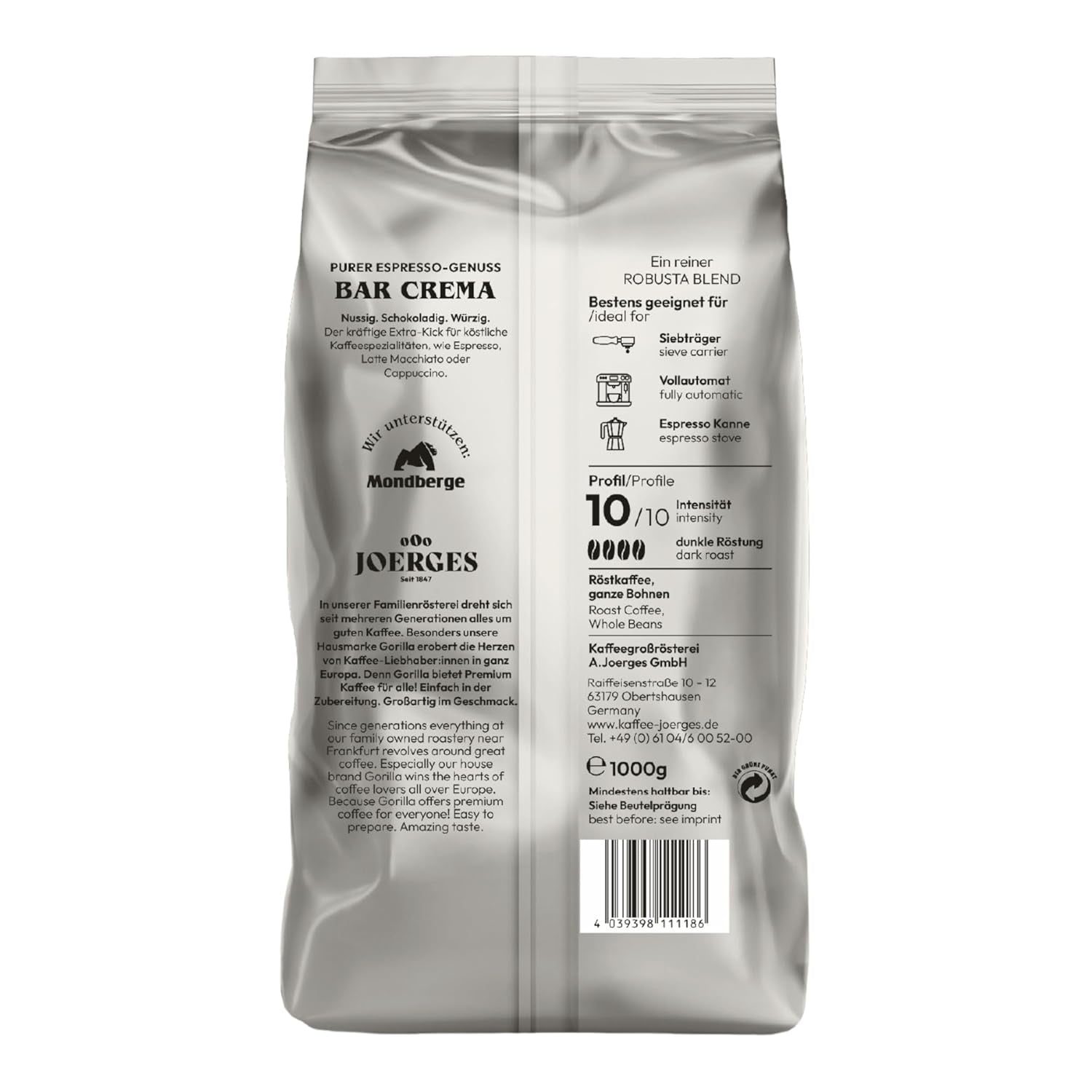 Zrnková káva Gorilla Espresso Bar Crema - 12 balení po 1000g