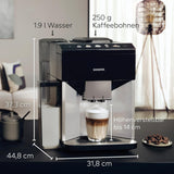 Siemens EQ500 plně automatický espresso kávovar TQ513D01, mnoho kávových specialit, napěňovač mléka, integrovaný zásobník na mléko, automatické čištění párou, 1500 W, přírodní světlá stříbrná/klavírní černá