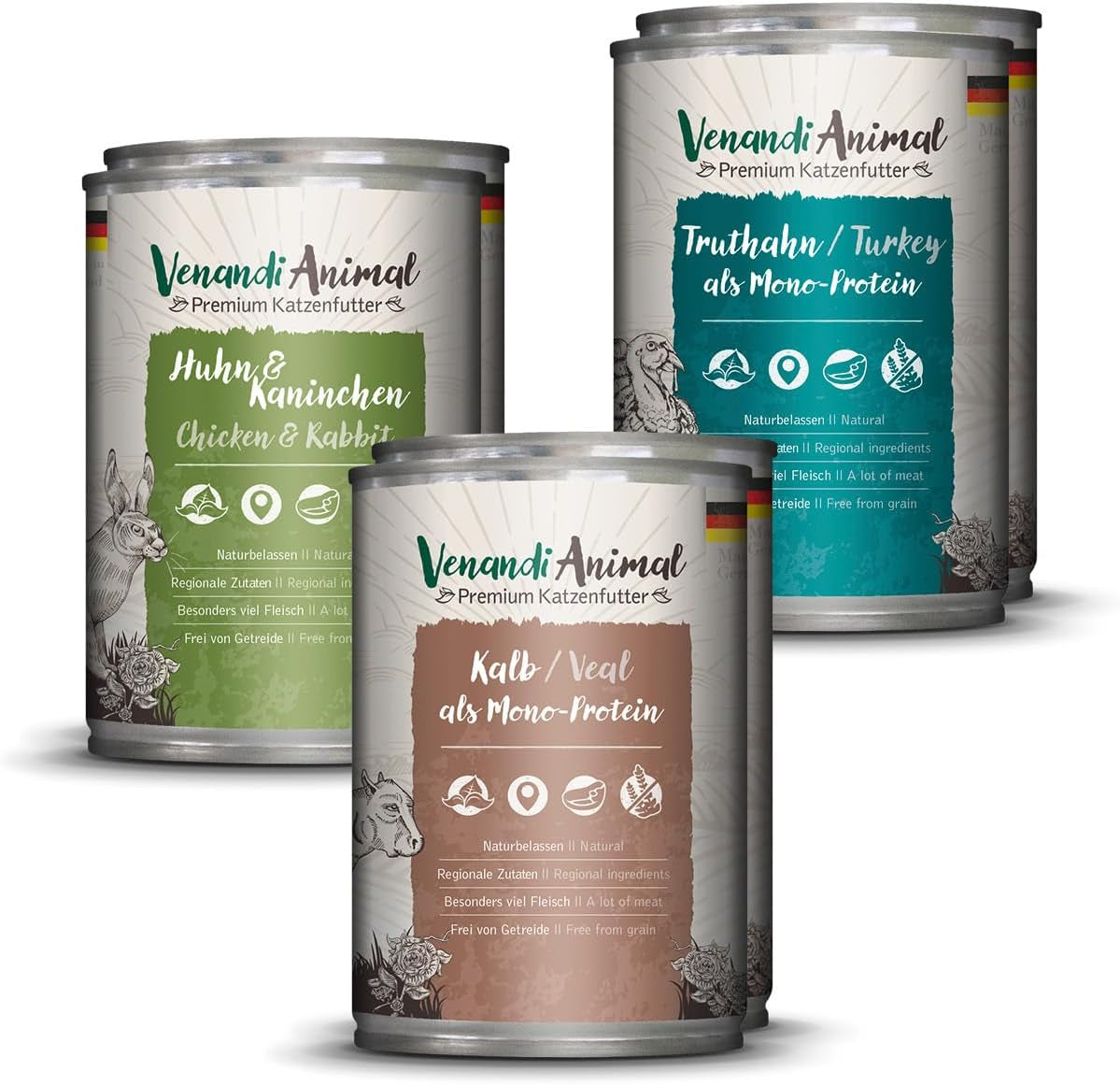 Venandi Animal Premium Nassfutter für Katzen, Probierpaket II, Kuře + Králík, Kalb, Turecko, 6 x 400 g, getreidefrei und naturbelassen, 2,4 kg