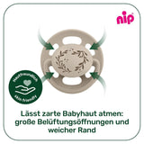 nip - Cherry Green | 0-6 měsíců | Balení 4 ks | Dětský dudlík, vhodný pro kojení a prořezávání zoubků. Udržitelný dudlík, vyrobený z přírodních surovin, světle zelená/hnědá