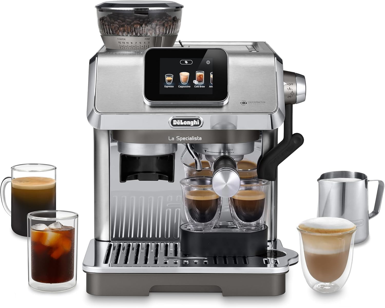 Portafiltrační espresso kávovar De'Longhi La Specialista Arte EC9155.MB s mlýnkem, 8 nastavení mletí, tlak 15 barů, 3 nastavení teploty, napěňovač mléka, 1550 W, nádrž 1,7 l, nerez/černá, včetně baristické sady