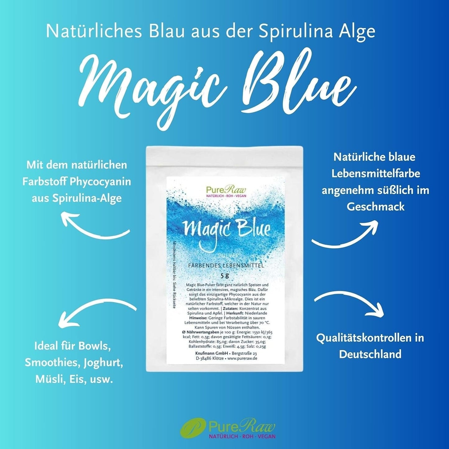 Magic Blue Spirulina Natural Food Color Powder Blue (Raw Vegan) Tmavě modrá až světle pastelově modrá - Phycocyanin Algae Powder Food Color - Natural Food Color | Pureraw 5G