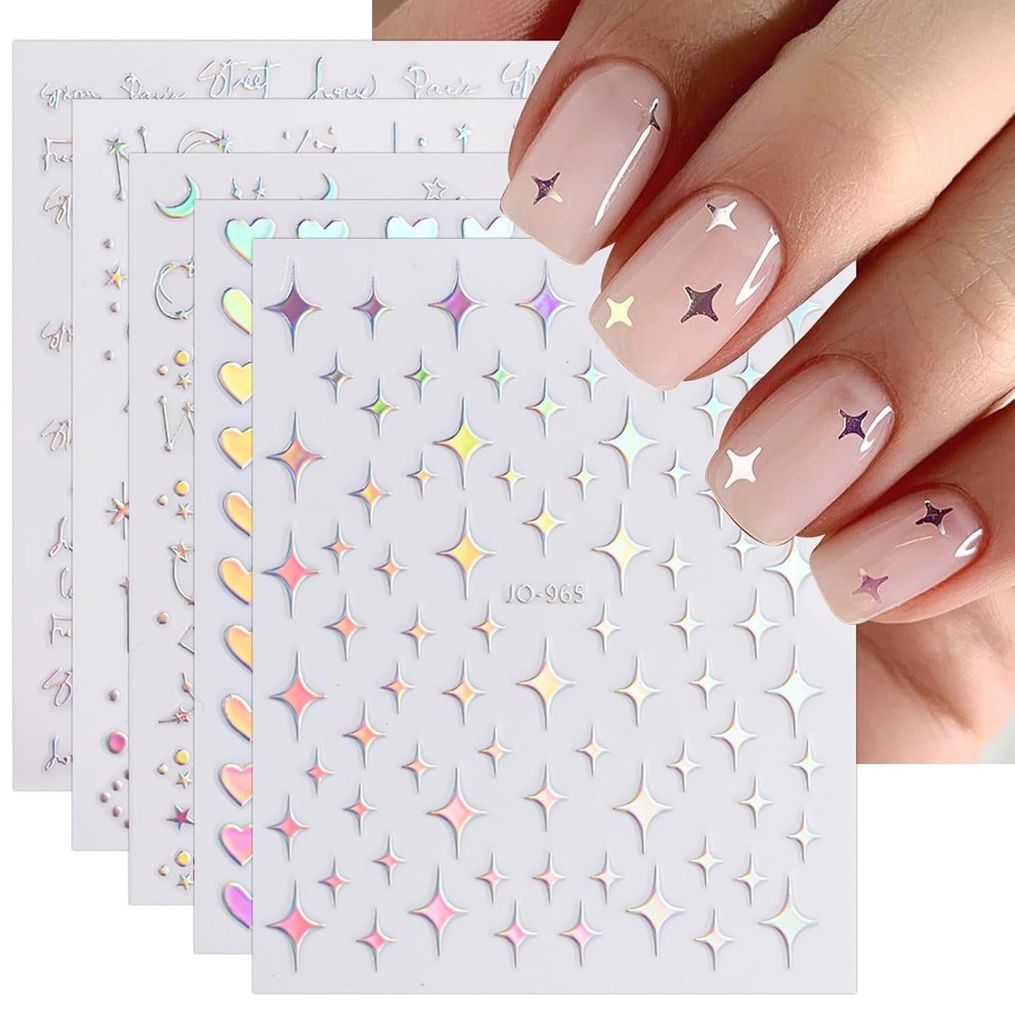 JMEOWIO Nálepka na nehty Aurora 12 Blatt Nálepka na nehty Selbtklebend Nagelaufkleber Holografisches Stern Herz Dekoration Nageldesign Zubehör