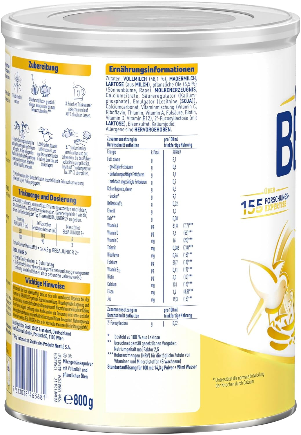 BEBA Junior 2+ mléčný nápoj od 2 let, S HMO, Obsah bílkovin odpovídající věku, Pouze laktóza, Bez palmového oleje, Bez rybího tuku, Výživa pro batolata, Sušené dětské mléko, Balení 6 ks (6 x 800 g)