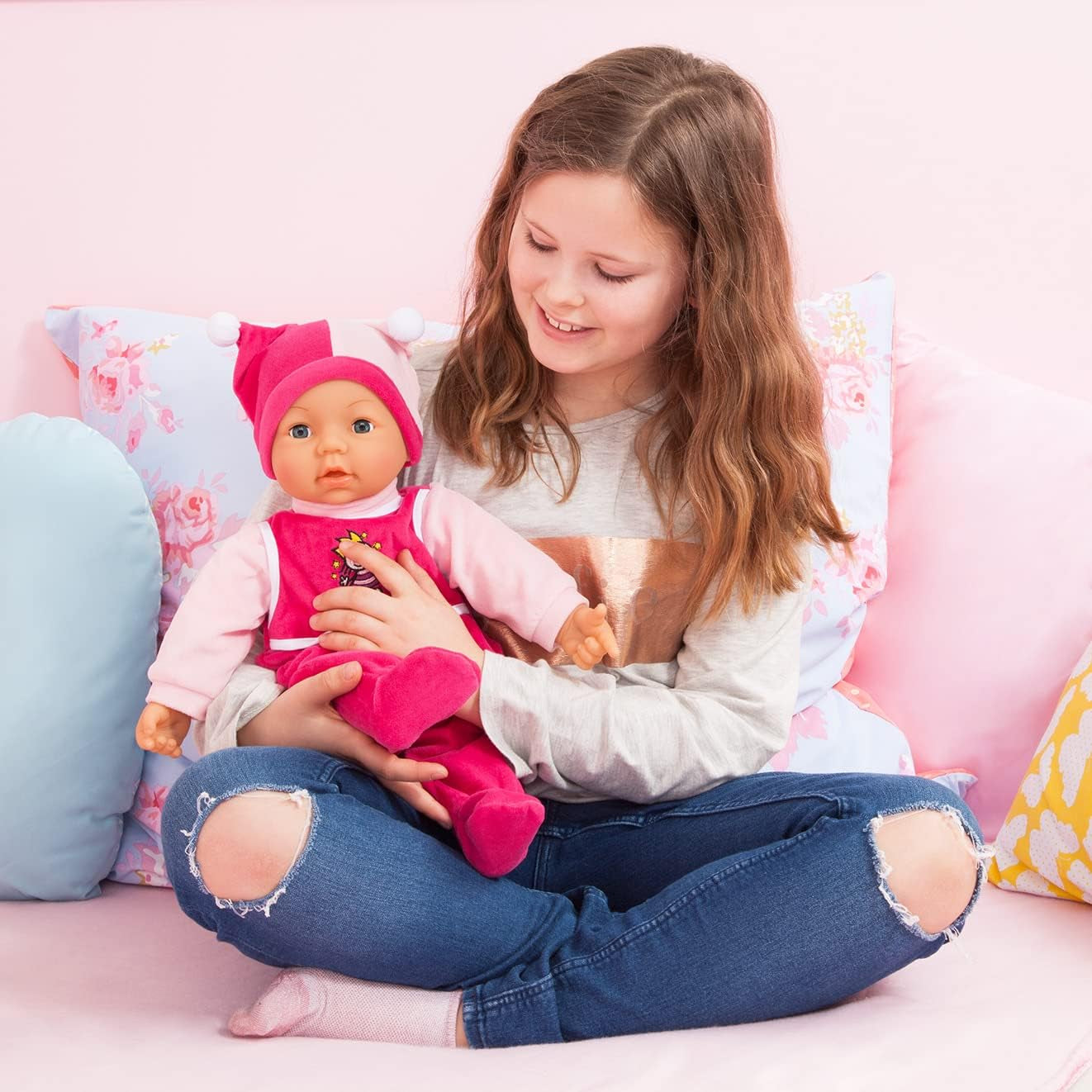 Funktionspuppe Hello Baby mit Geräuschen, bewegt den Mund, interaktive Puppe, Babypuppe, mit Zubehör, 46cm, růžová