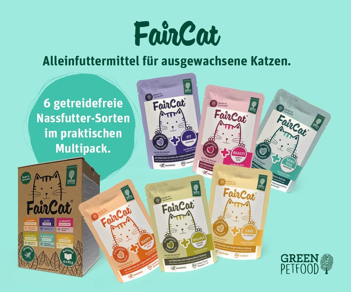 Green Petfood FairCat Multipack (6 x 85 g) | Dospělý | Prémiové vlhké krmivo pro odrostlé kočky 6 verschiedenen leckere Sorten im Multipack | getreidefrei | Katzenfutter nass | 6 balení