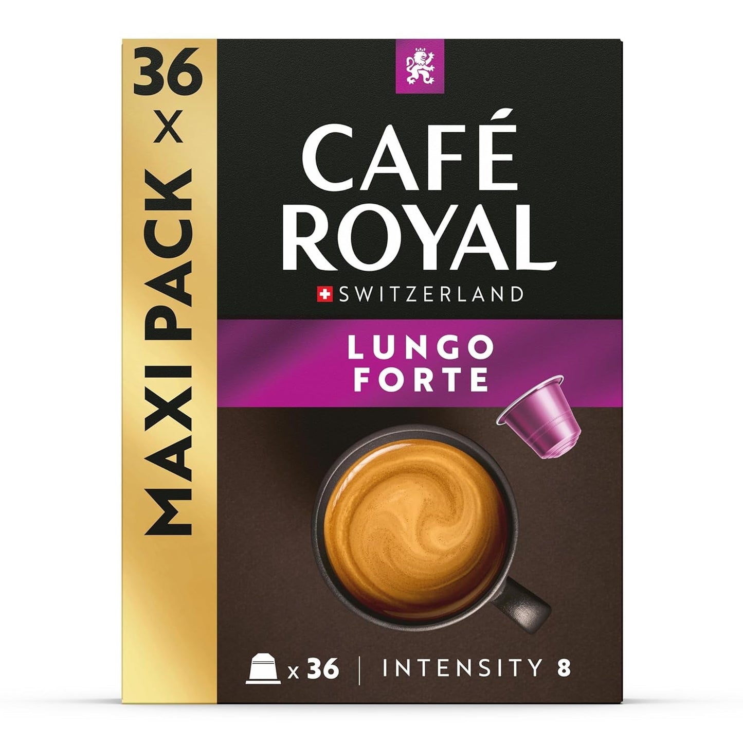 Café Royal Lungo Forte – kávové kapsle kompatibilní s Nespresso®, 100% Arabica, würzig, dunkle Röstung, Intensität 8/12, Rainforest Alliance, 36 kapslí