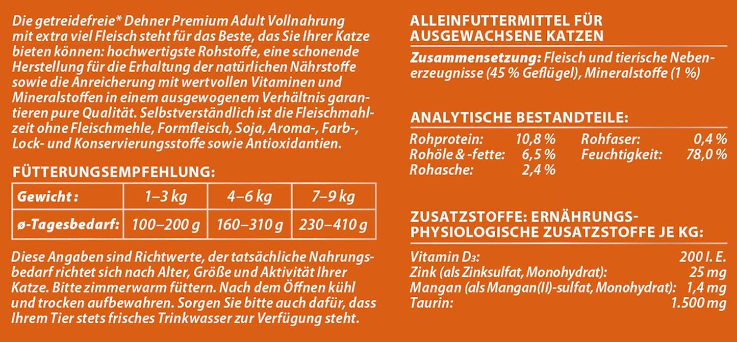 Dehner Premium vlhké krmivo pro kočky, bez obilovin, pro dospělé kočky, drůbež, 6 konzerv po 400 g (2,4 kg)
