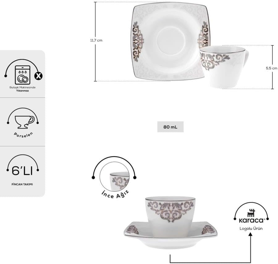 Sada porcelánových šálků na espresso KARACA Nazende - 80 ml turecké šálky na kávu s podšálky, 12dílný moderní kávový servis se 6 šálky a 6 podšálky, mocha šálky - bílá