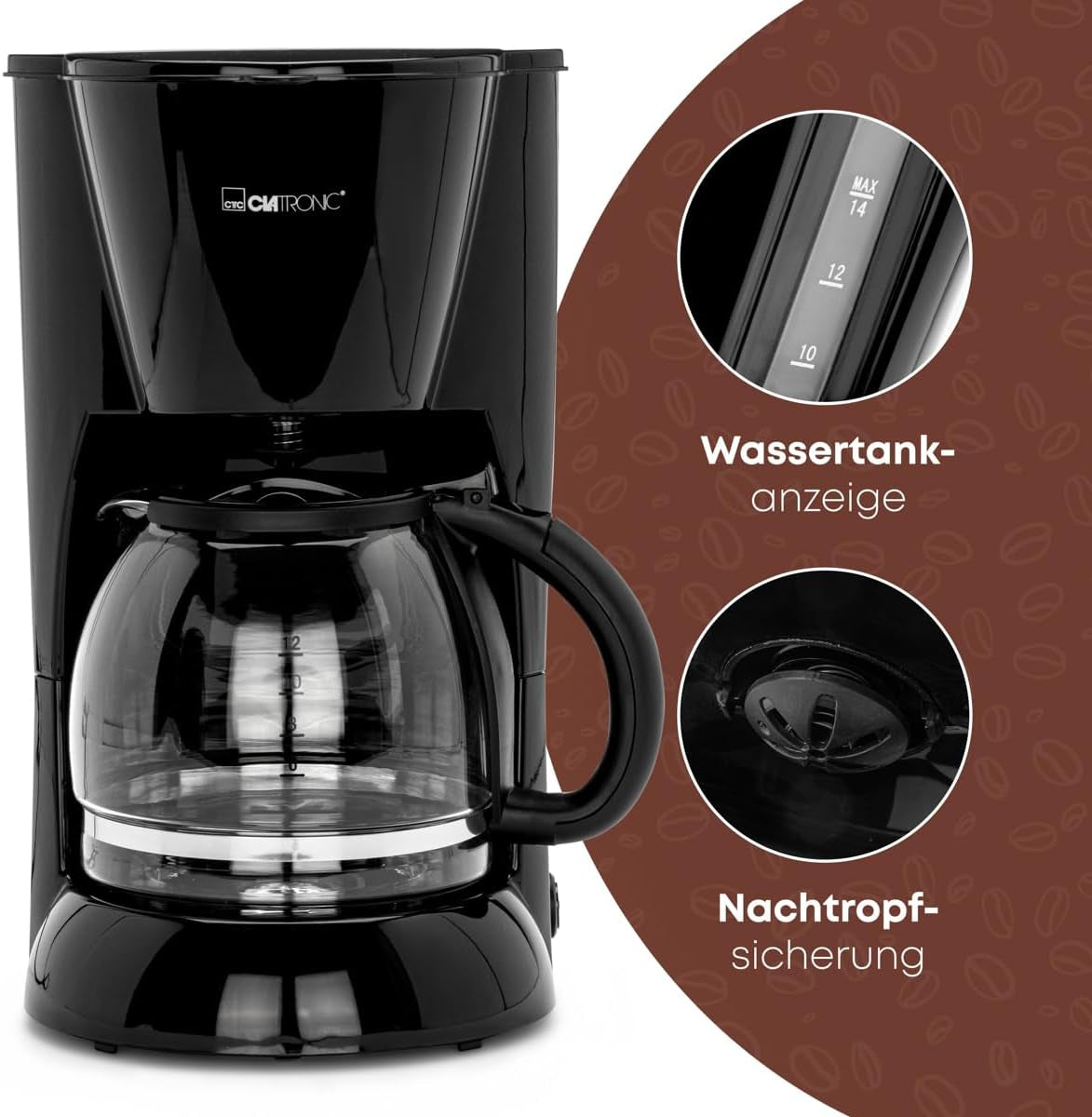 Clatronic® espresso kávovar | Automatický espresso kávovar na 12-14 šálků (cca 1,5 litru) | Espresso kávovar s filtrem a systémem proti odkapávání | 900W | Espressor KA 3473 černý