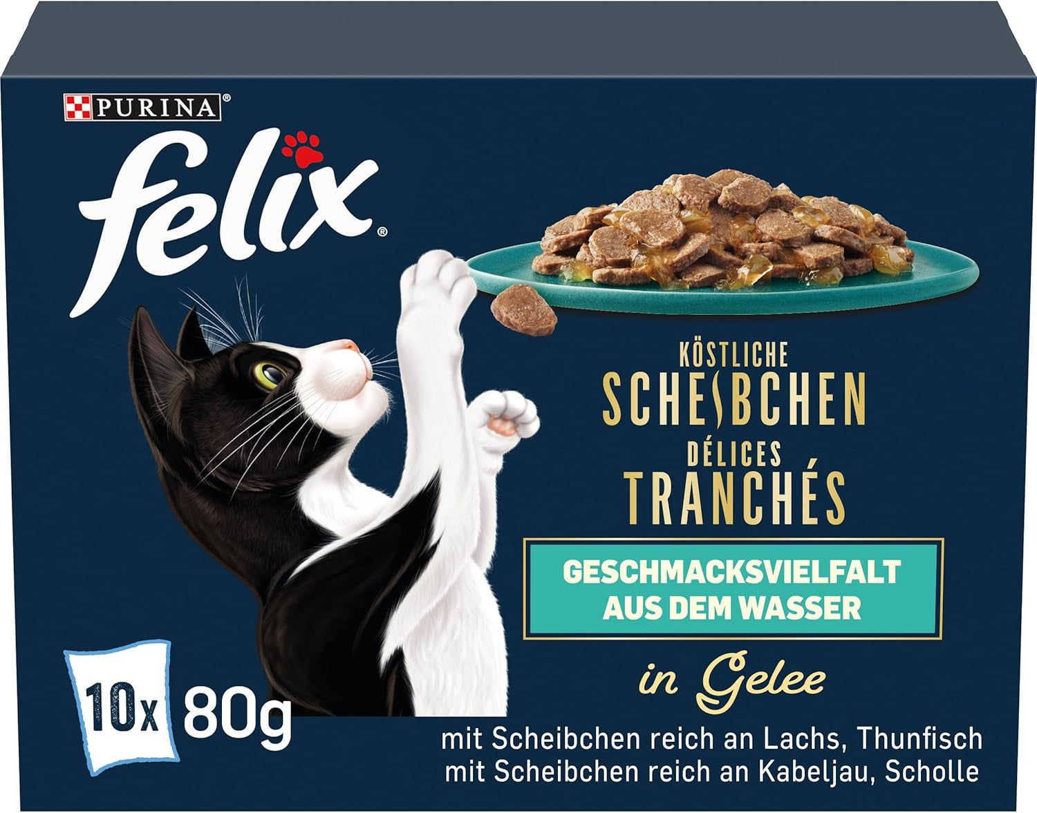 Felix Delicious Mokré krájené krmivo pro kočky v želé, různé příchutě z vody, balení 6 ks (6 x 10 sáčků po 80g)