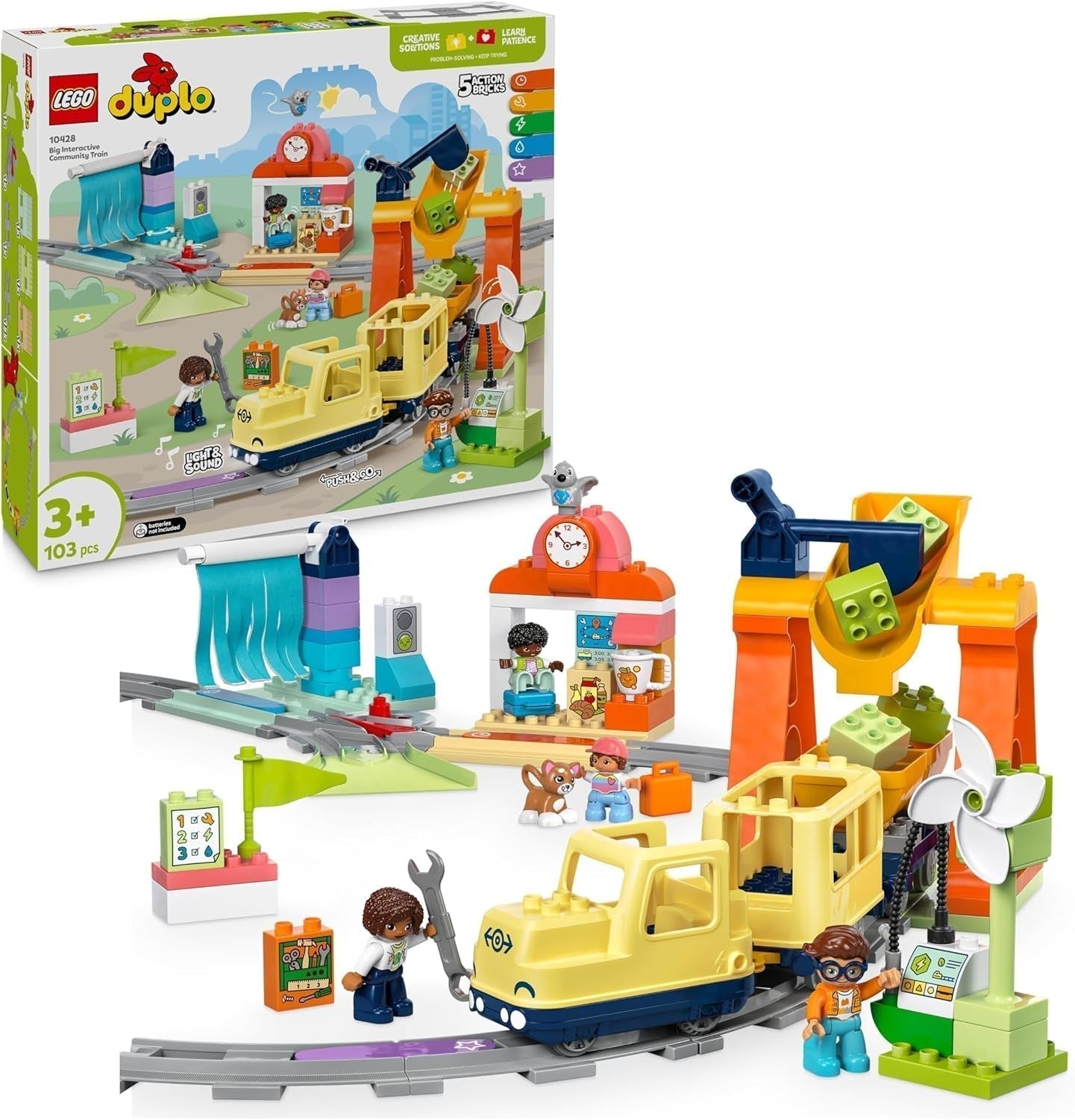 LEGO DUPLO Town Velká interaktivní železnice, Stavebnice pro batolata 3 roky stará, Push & Go lokomotiva se světly a zvuky, Součásti kolejí, Předškolní vzdělávací hračka 10428 Stavebnice Besuche den LEGO-Store Výchozí název