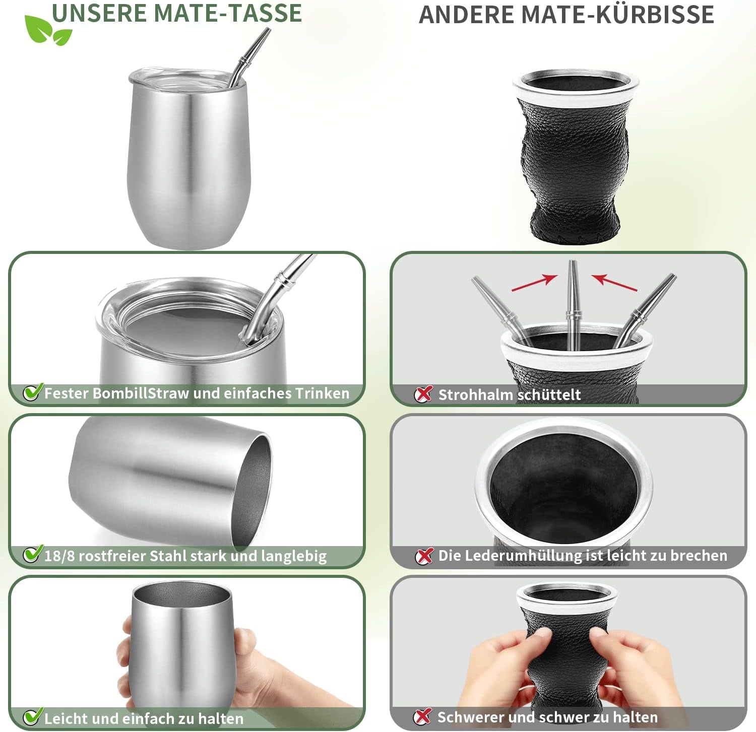 Moderní hrnek Mate 340 ml, sada hrnků Yerba Mate s dvojitou stěnou z nerezové oceli, hrnek na čaj Mate s víčkem bez BPA, bombillas a čisticí kartáček (stříbrný)