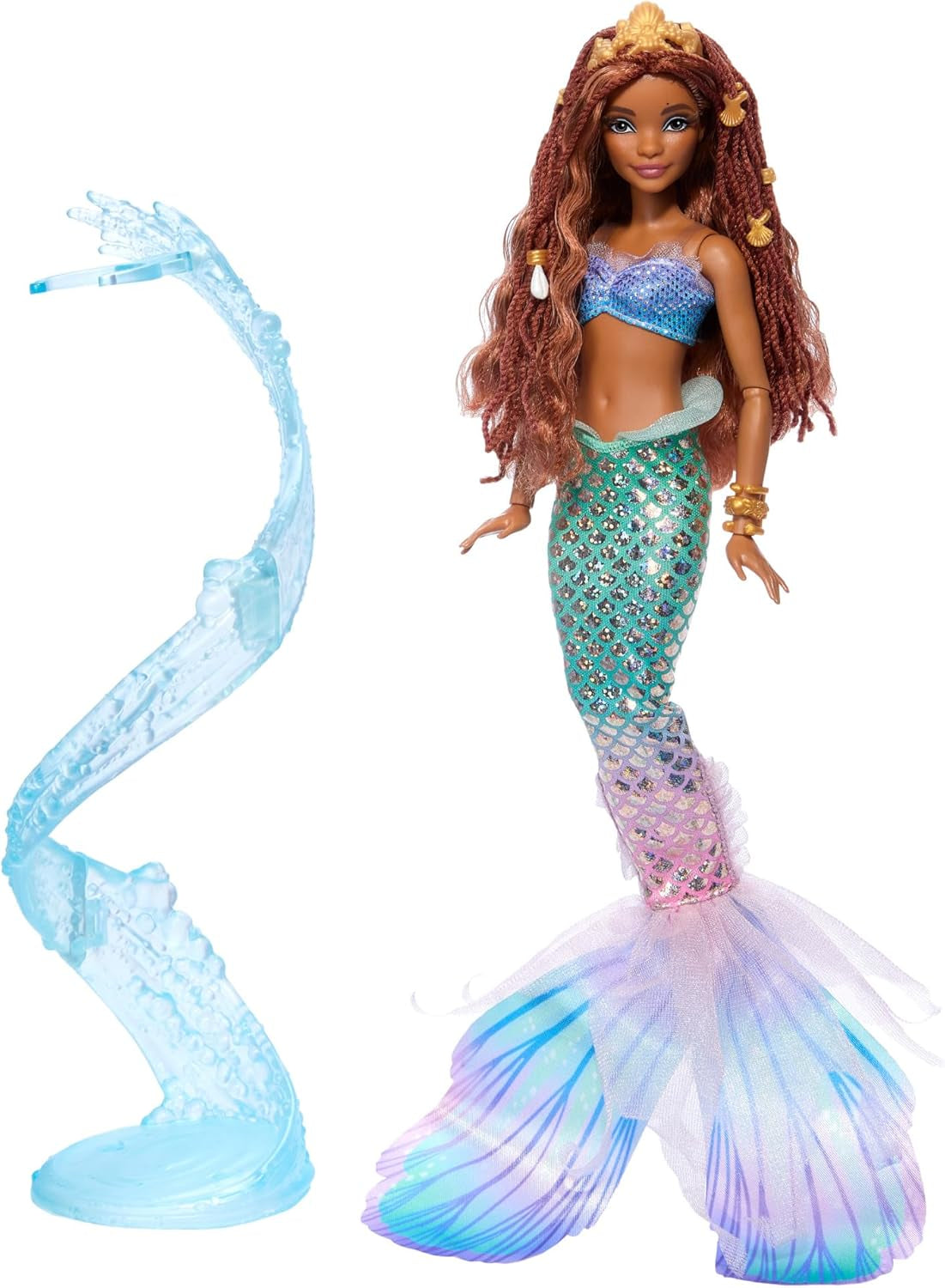 Mattel Disney Ariel Malá mořská víla – luxusní panenka mořská víla s korálky do vlasů a stojanem na panenky pro nápadité hraní a vystavování, pro děti od 3 let, HNF42