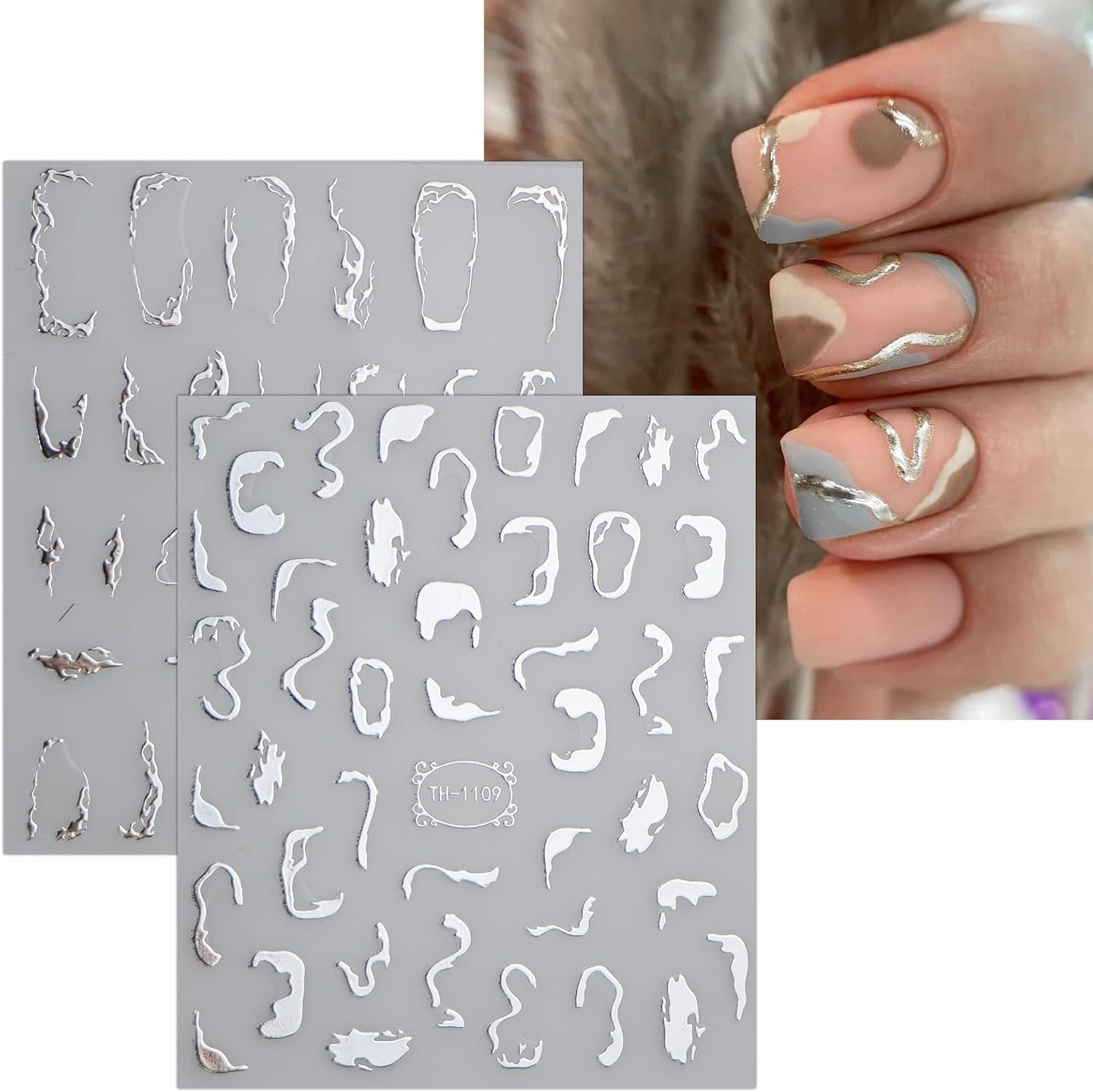 JMEOWIO Nálepka na nehty Marmor Linie 9 Blatt Nálepka na nehty Selbstklebend Nagelaufkleber Stříbrná bunt Dekoration Nageldesign Zubehör