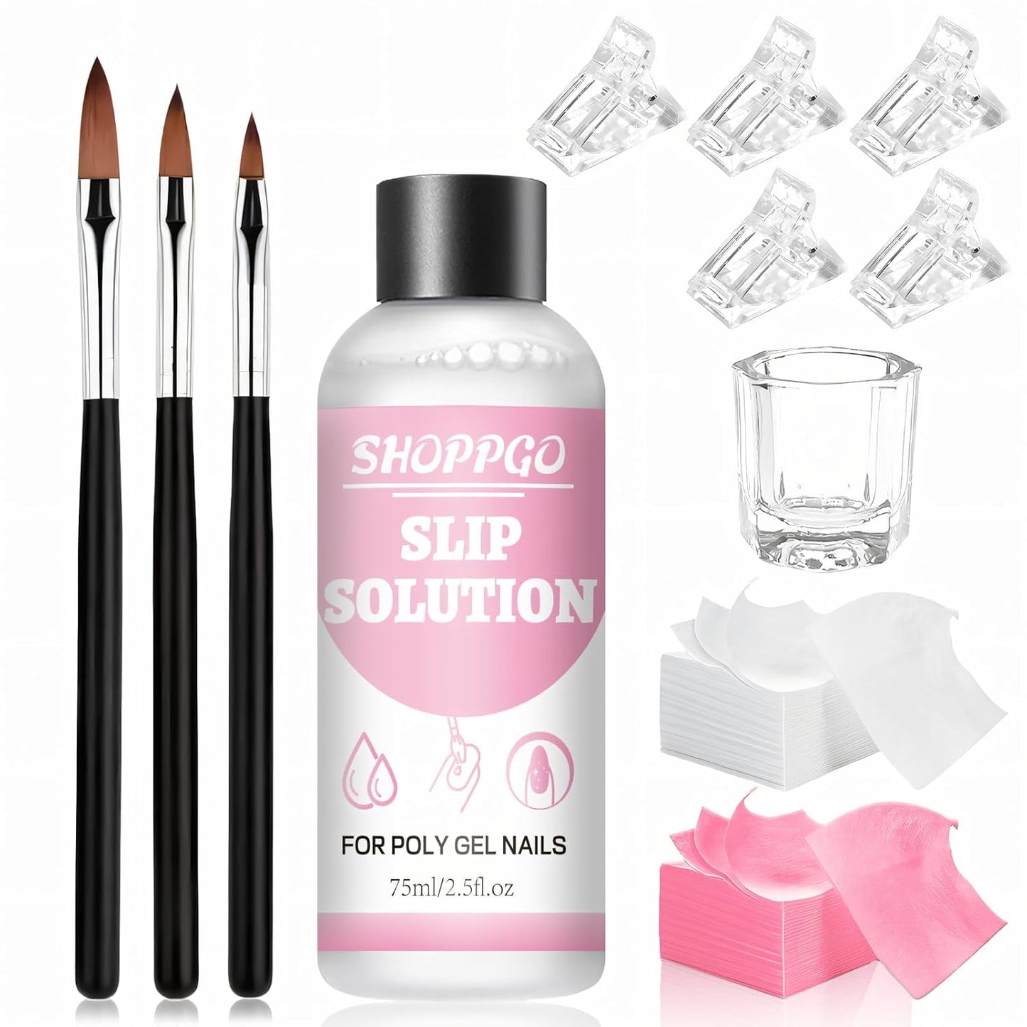 Polygelový roztok na rovnání nehtů, sada na nehty Polygel Slip Solution, roztok na rovnání nehtů 75 ml, obsahuje 5 klipů na nehty, 3 kartáčky na nehty, 1 křišťálový kelímek, 100 čisticích listů
